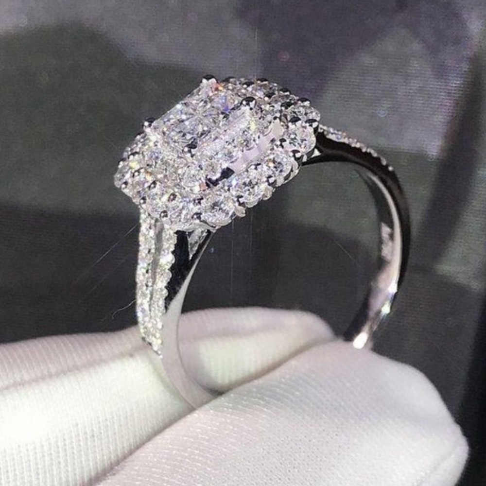 💍NEW 925 STERLING SILVER DIAMOND HALO SQUARE RING - Picture 4 of 6